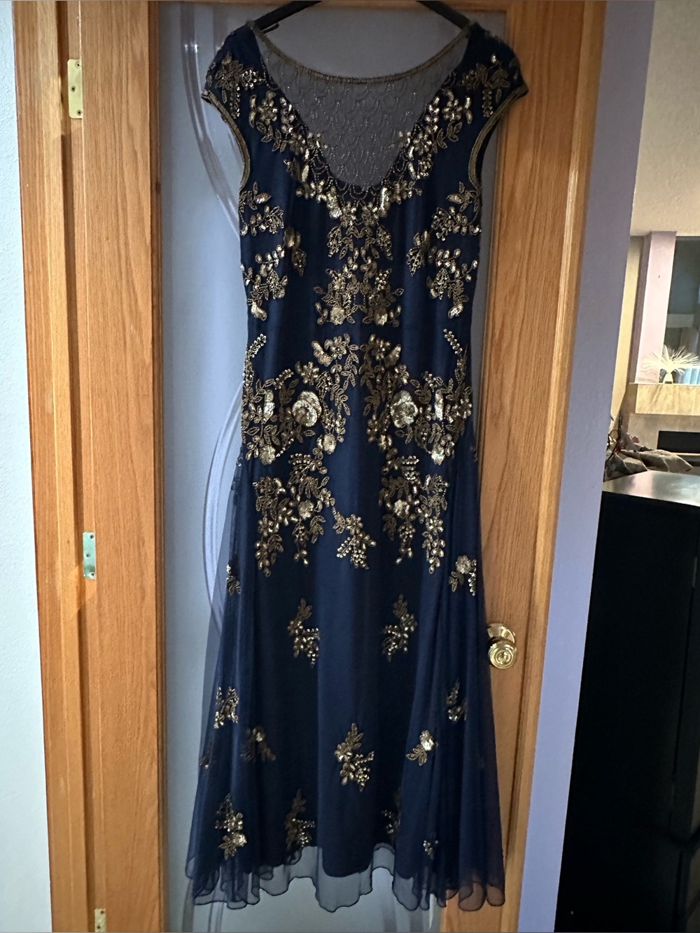 Joanna Hope Elegant Navy Dress with Gold Embroidery